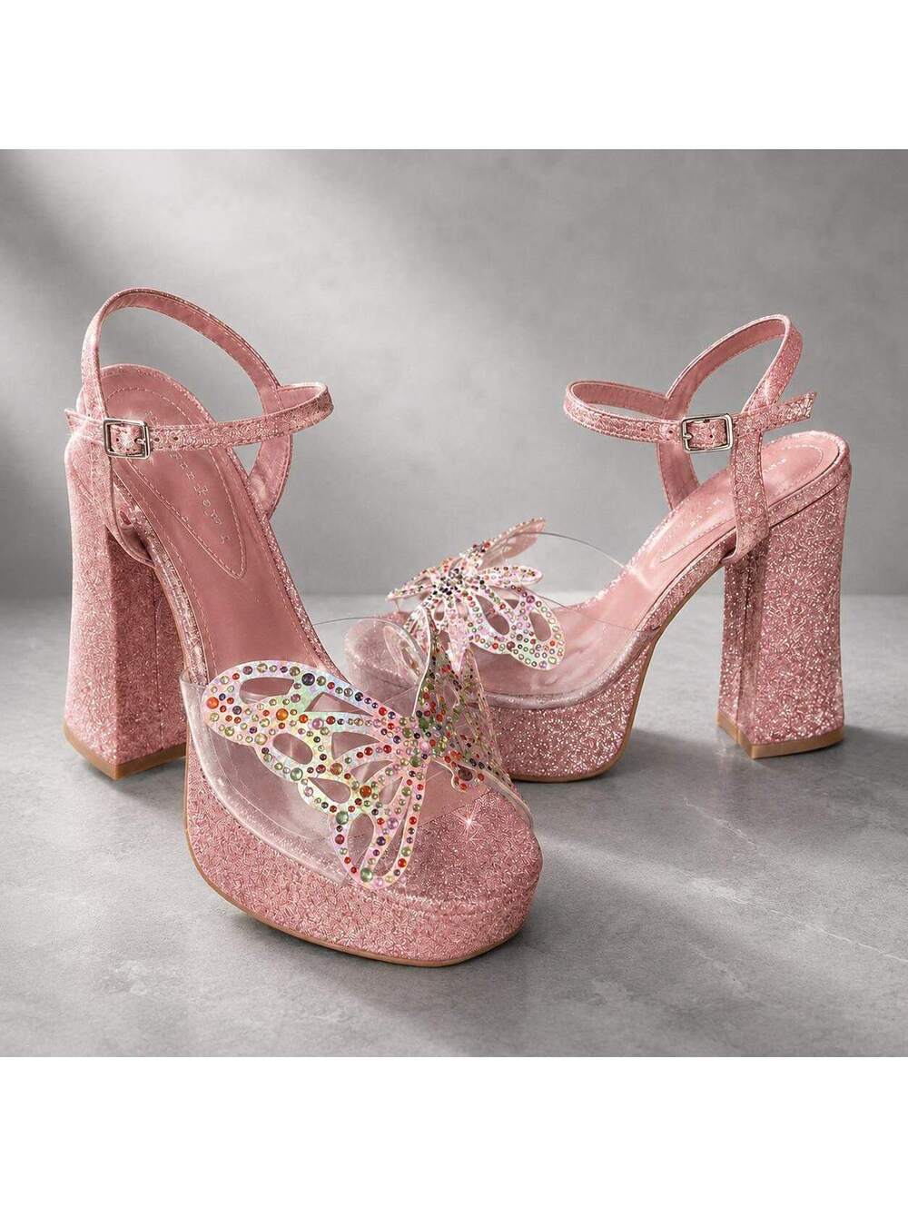NWT Copper Key Marigold Pink Glitter Butterfly Platform Sandals Heels 7M NWOB
